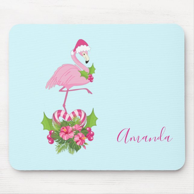 Rosa Flamingo in Weihnachtsmannmütze mit Candy Can Mousepad (Vorne)