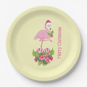 Rosa Flamingo in Weihnachtsmannmütze mit Candy Can Pappteller