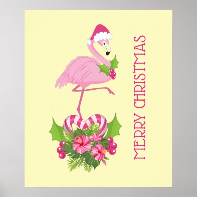 Rosa Flamingo in Weihnachtsmannmütze mit Candy Can Poster (Vorne)