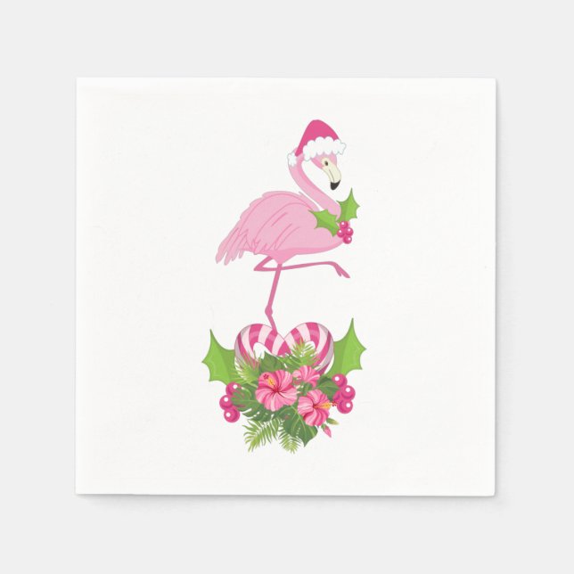Rosa Flamingo in Weihnachtsmannmütze mit Candy Can Serviette (Vorderseite)