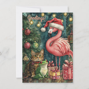 Rosa Flamingo Katze & Frosch Tropisches Weihnachte Feiertagskarte