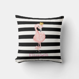 Rosa Flamingo, Krone Schwarz, Weiße Streifen Kissen