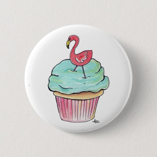 Rosa Flamingo-Kuchen-Retro Nachtisch! Button (Vorderseite)