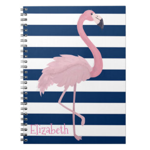 Rosa Flamingo, Marineblaue Streifen-Personalisiert Notizblock
