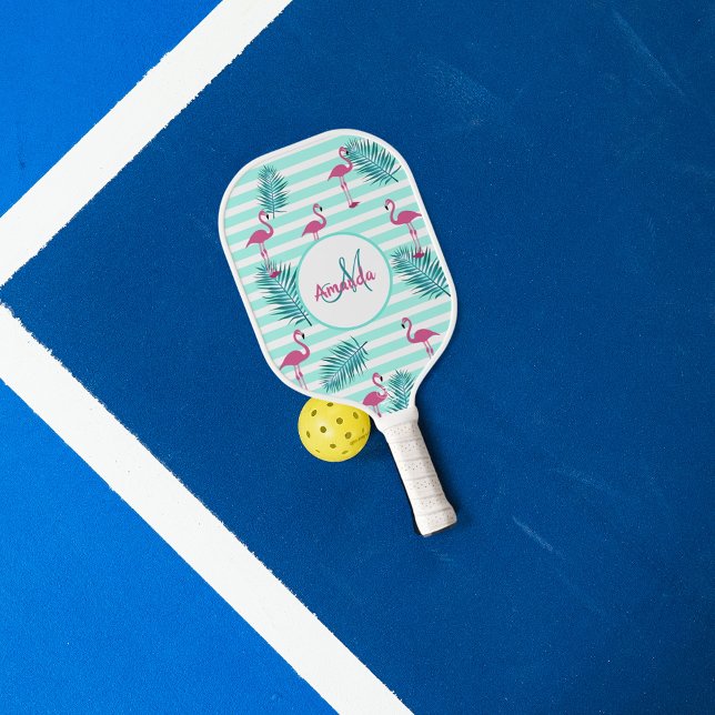 Rosa Flamingo Minze grüne Streifen Palmen Blätter Pickleball Schläger (Von Creator hochgeladen)