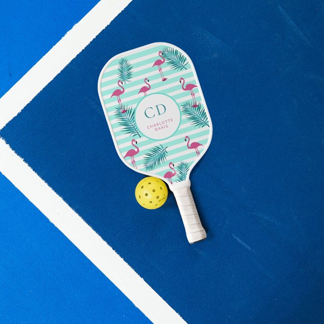 Rosa Flamingo Minze grüne Streifen Palmen Blätter  Pickleball Schläger (Von Creator hochgeladen)