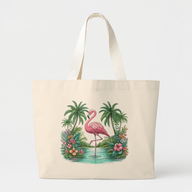 Rosa Flamingo mit Blume und Palmen Jumbo Stoffbeutel (Vorne)