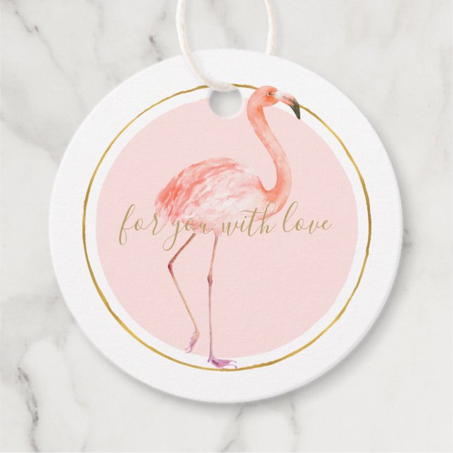 Rosa Flamingo mit Gold und Rahmen personalisiert Geschenkanhänger (Vorderseite)