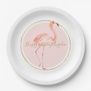 Rosa Flamingo mit Gold und Rahmen personalisiert Pappteller