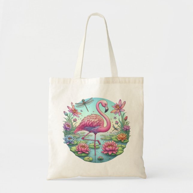 Rosa Flamingo mit Lotus und Libellen Tragetasche (Vorne)