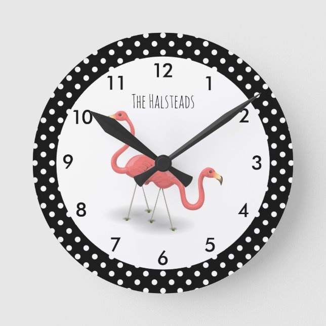 Rosa Flamingo mit schwarzen Polka Punkte Personali Runde Wanduhr (Vorderseite)