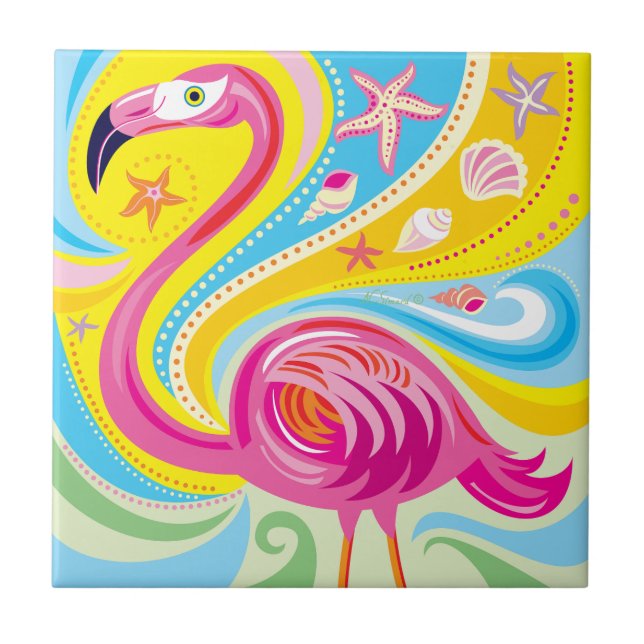 Rosa Flamingo mit Seestern Fliese (Vorderseite)