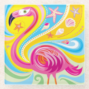 Rosa Flamingo mit Seestern Glasuntersetzer