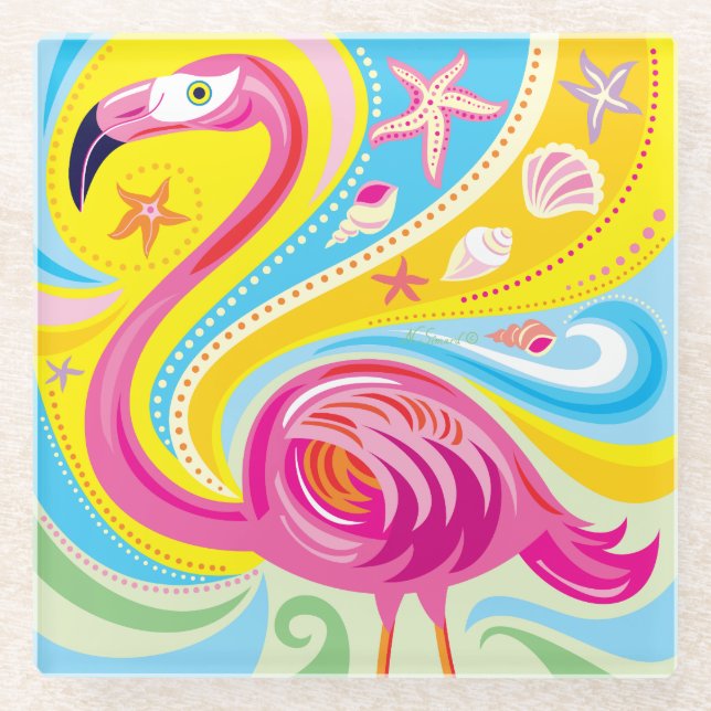 Rosa Flamingo mit Seestern Glasuntersetzer (Vorderseite)