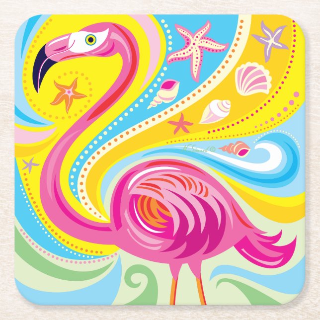 Rosa Flamingo mit Seestern Rechteckiger Pappuntersetzer (Vorderseite)