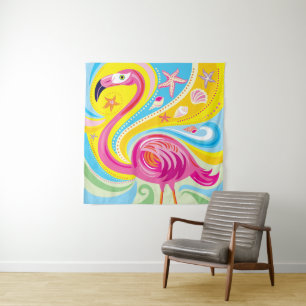 Rosa Flamingo mit Seestern Wandteppich