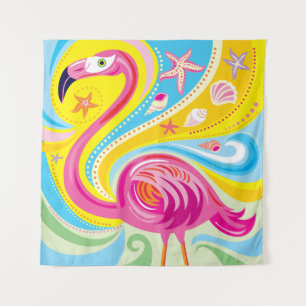 Rosa Flamingo mit Seestern Wandteppich
