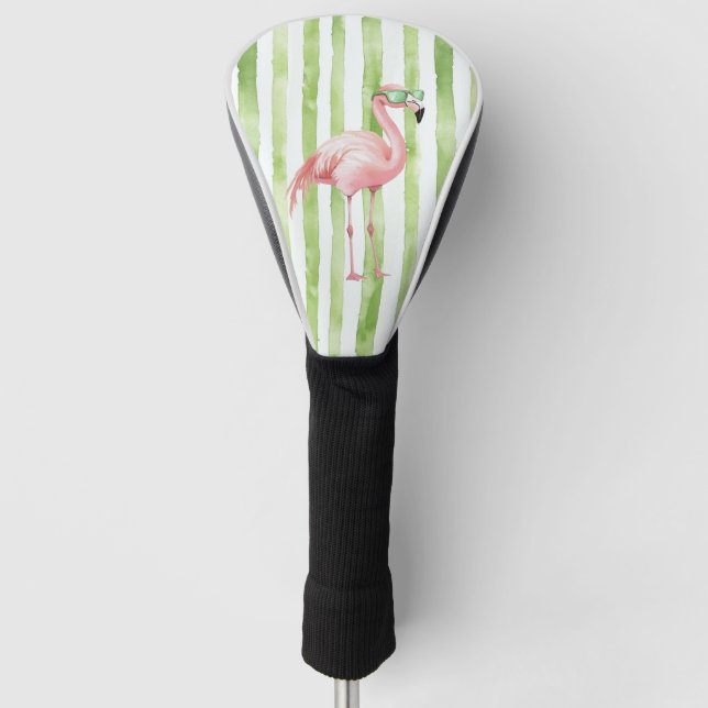 Rosa Flamingo mit Sonnenbrille Grüne Streifen Golf Headcover (Vorderseite)