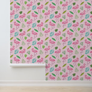 Rosa Flamingo mit tropischen Blättern Tapete