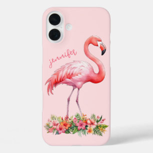 Rosa Flamingo mit tropischen Blumen iPhone 16 Plus Hülle