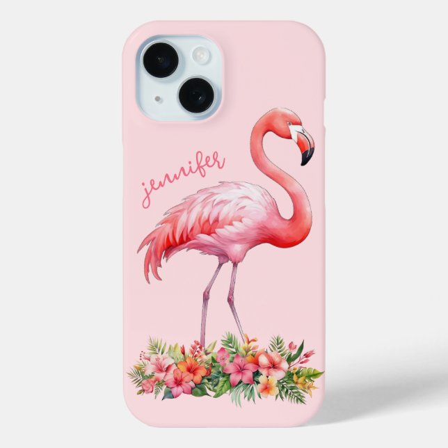 Rosa Flamingo mit tropischen Blumen Case-Mate iPhone Hülle (Rückseite)