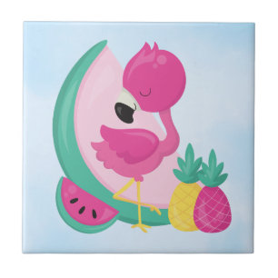 Rosa Flamingo mit Watermelon und Ananas Fliese