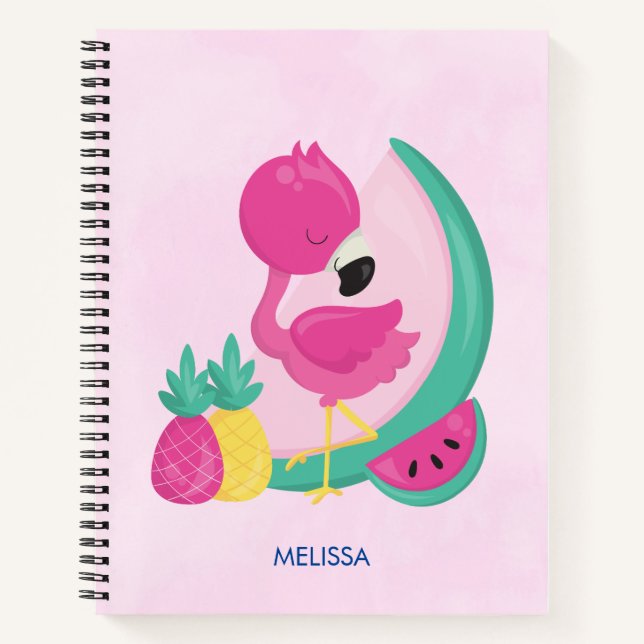 Rosa Flamingo mit Watermelon und Ananas Notizbuch (Vorderseite)