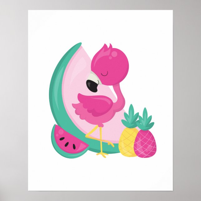 Rosa Flamingo mit Watermelon und Ananas Poster (Vorne)