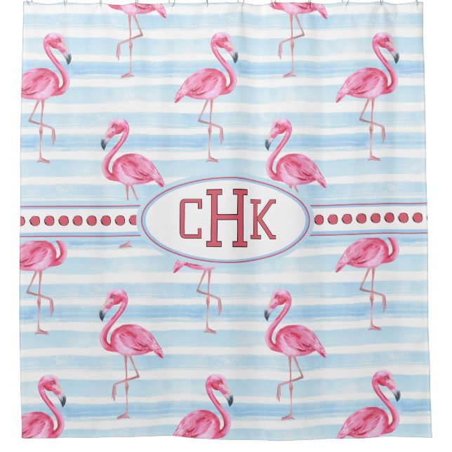 Rosa Flamingo Monogramm Duschvorhang (Vorderseite)