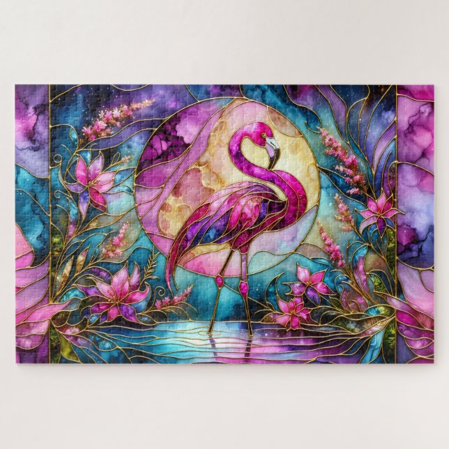 Rosa-Flamingo-Mosaik aus Buntglas Puzzle (Horizontal)