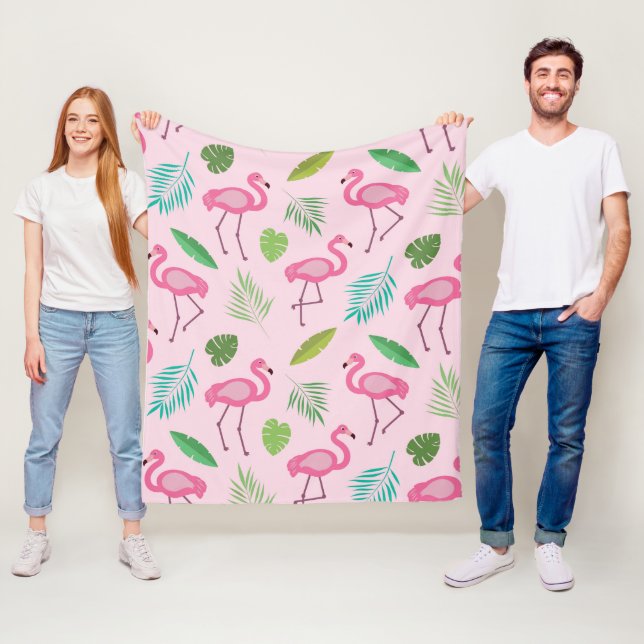 Rosa Flamingo-Muster mit tropischen Blättern  Fleecedecke (Beispiel)