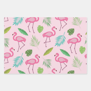 Rosa Flamingo-Muster mit tropischen Blättern  Geschenkpapier Set