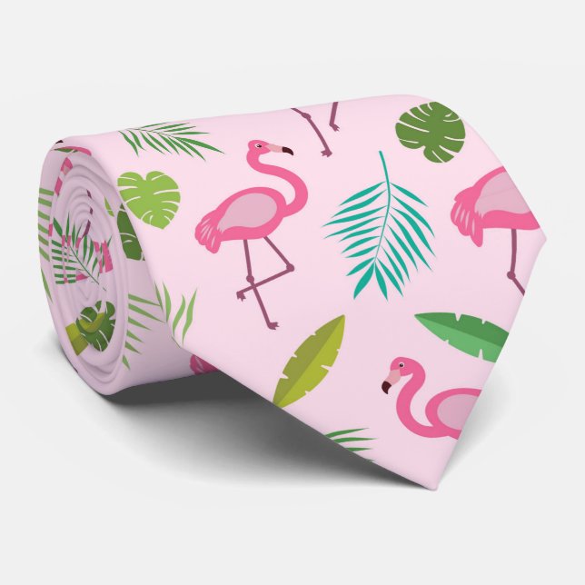 Rosa Flamingo-Muster mit tropischen Blättern  Krawatte (Gerollt)