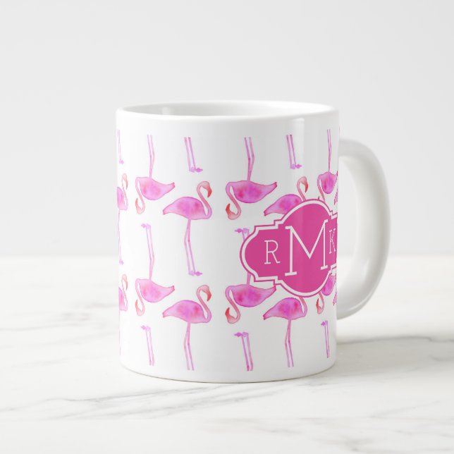 Rosa Flamingo-Muster | Monogramm Jumbo-Tasse (Vorderseite Rechts)
