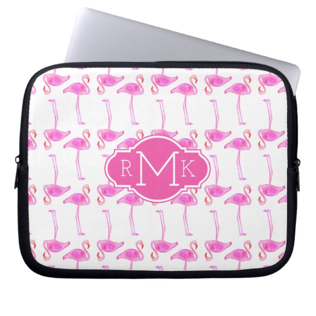 Rosa Flamingo-Muster | Monogramm Laptopschutzhülle (Vorderseite)