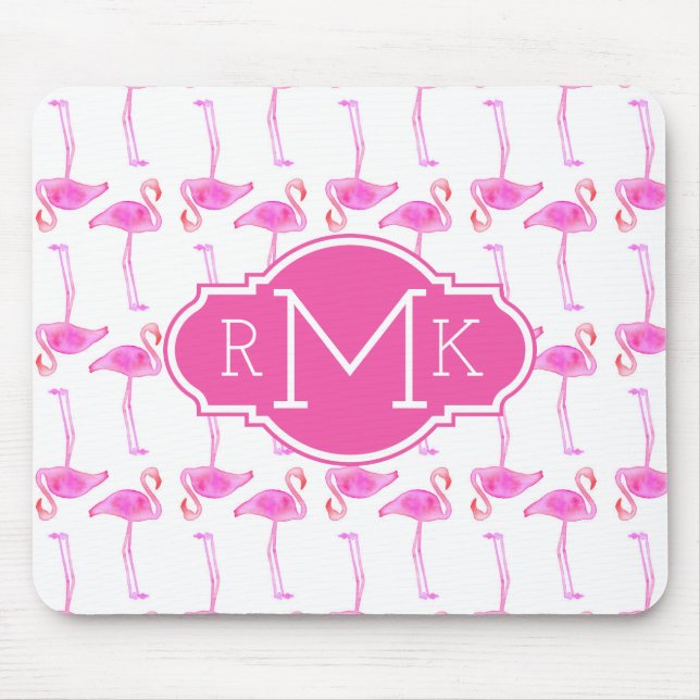 Rosa Flamingo-Muster | Monogramm Mousepad (Vorne)