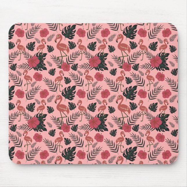 Rosa Flamingo nahtlose Muster Blume und Blätter Mousepad (Vorne)