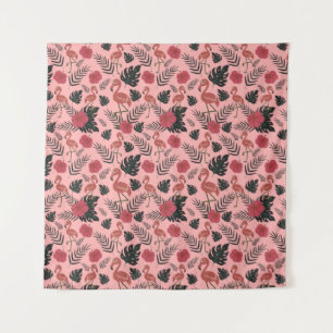 Rosa Flamingo nahtlose Muster Blume und Blätter Wandteppich