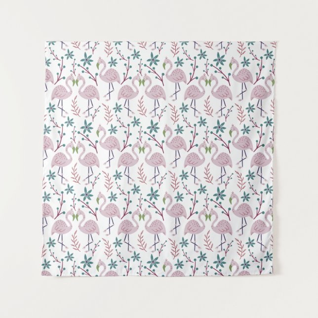 Rosa Flamingo nahtloses Muster auf weißem Hintergr Wandteppich (Vorderseite)