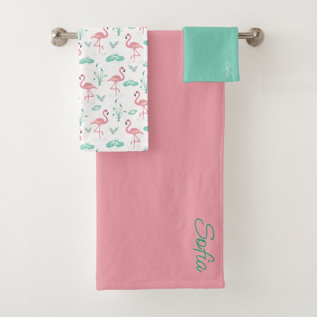 Rosa Flamingo niedlich-gelbes Muster Badhandtuch Set (Insitu)