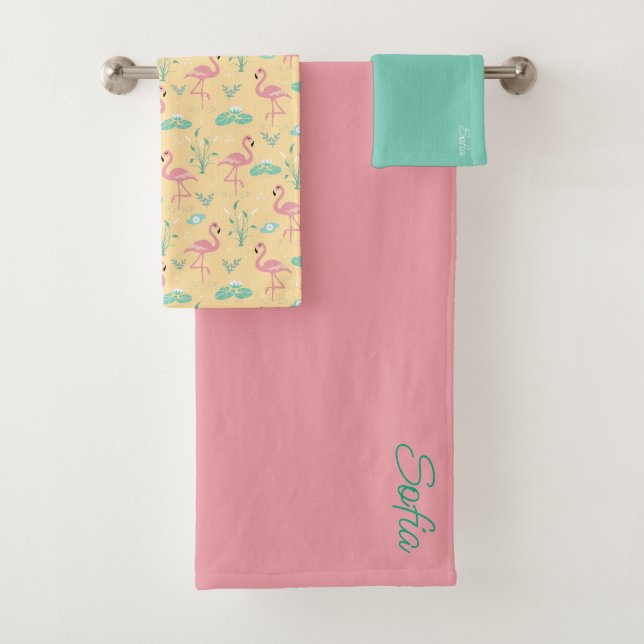 Rosa Flamingo niedlich-gelbes Muster Badhandtuch Set (Insitu)