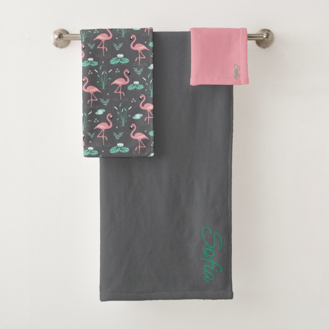 Rosa Flamingo niedliches Tuquoise-Graumuster Badhandtuch Set (Insitu)