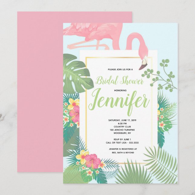 Rosa Flamingo Palm Tree Brautparty Einladung (Vorne/Hinten)