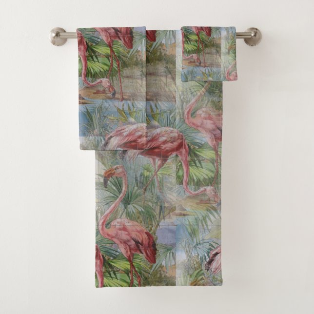 Rosa Flamingo-Palmen-Mosaik-Tuch-Set Badhandtuch Set (Insitu)