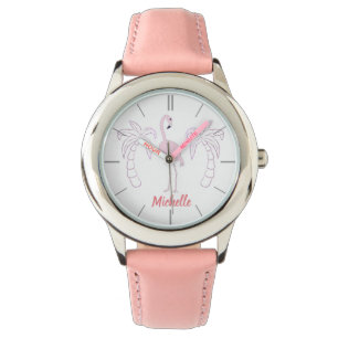 Rosa Flamingo Palmen Personalisierte Girl's Watch Armbanduhr