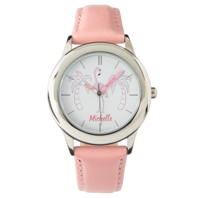 Rosa Flamingo Palmen Personalisierte Girl's Watch Armbanduhr (Vorderseite)