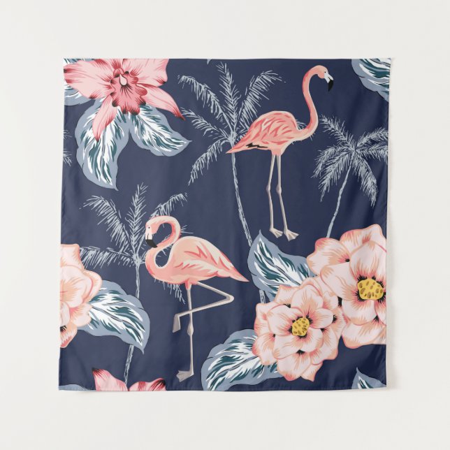 Rosa Flamingo, Palmen, Rose, orchide Blume, le Wandteppich (Vorderseite)
