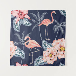 Rosa Flamingo, Palmen, Rose, Orchideenblüte, Bl Wandteppich