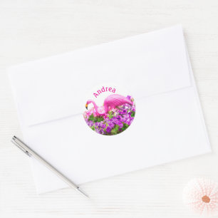 Rosa Flamingo Petunie Kunst mit individuellem Text Runder Aufkleber