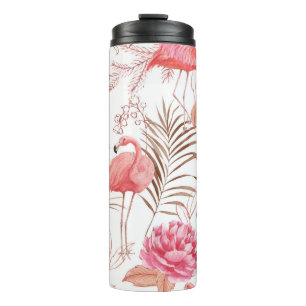 Rosa Flamingo, Pfingstrose Wasserfarbenmuster. Thermosbecher